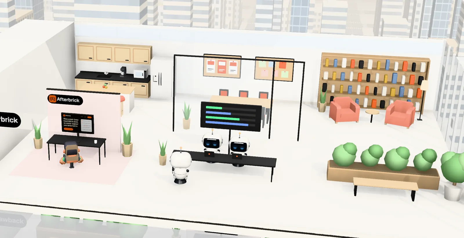 Afterbrick’s office on floor 25 of Tower 1: the owner’s desk with the website on screen, the agents’ bench, a meeting room and a library